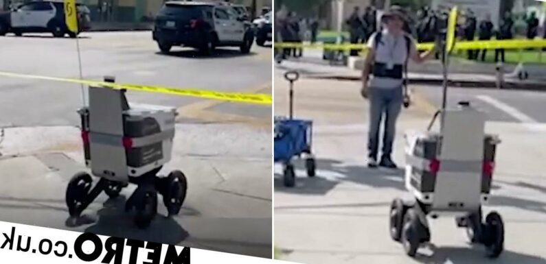 Food delivery robot barges through crime scene, leaving police confused