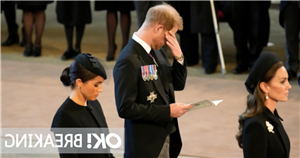 Grief-stricken Harry wipes his eyes as he loses composure at Queens procession