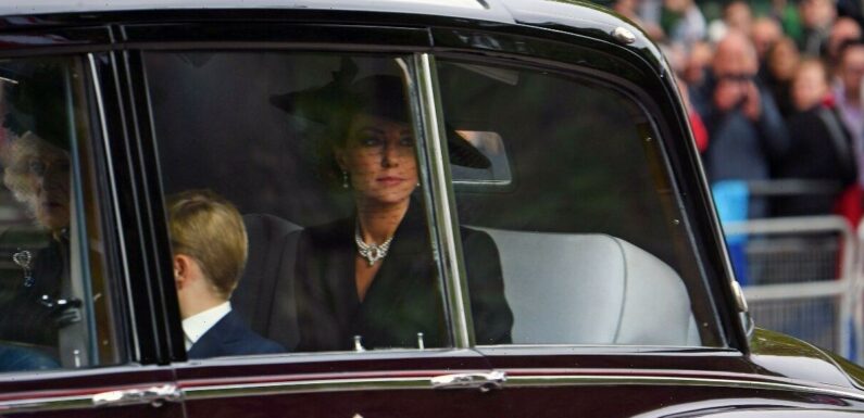Kate Middleton arrives at Queen’s funeral in late monarch’s necklace
