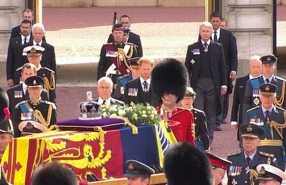 King Charles, William and Harry lead procession behind Queen's coffin
