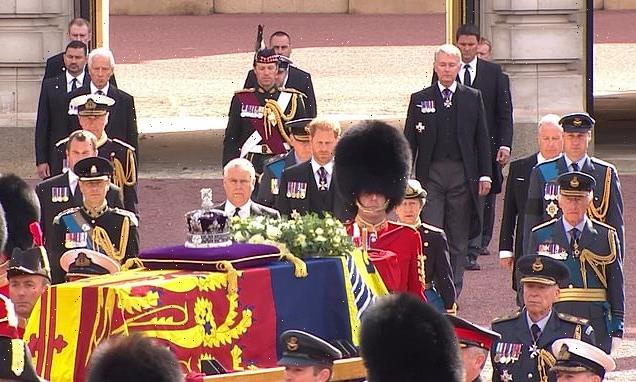 King Charles, William and Harry lead procession behind Queen's coffin