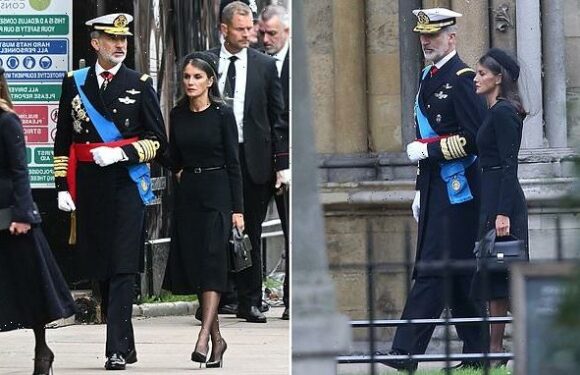 Letizia of Spain is sombre in black mourning dress at Queen's funeral