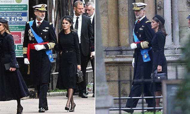 Letizia of Spain is sombre in black mourning dress at Queen's funeral