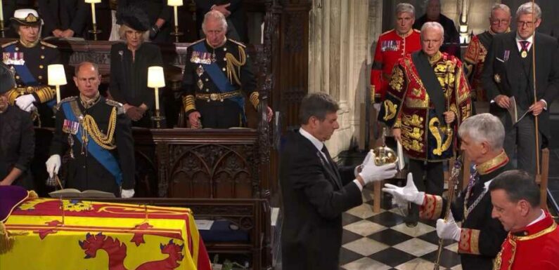 Poignant moment King Charles takes Queen's place inside St George's Chapel as her coffin is lowered into vault | The Sun