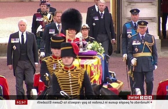 Prince Andrew follows coffin of the Queen during historic procession