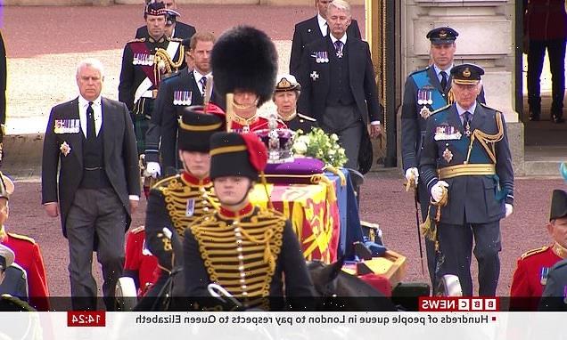 Prince Andrew follows coffin of the Queen during historic procession