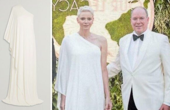 Princess Charlene of Monaco wears white one-shoulder dress