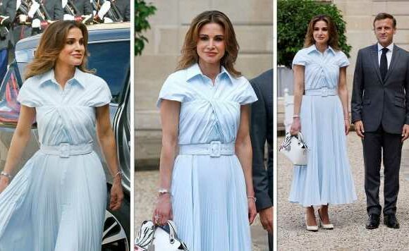 Queen Rania of Jordan turns heads in baby blue dress with white heels