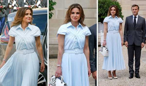 Queen Rania of Jordan turns heads in baby blue dress with white heels