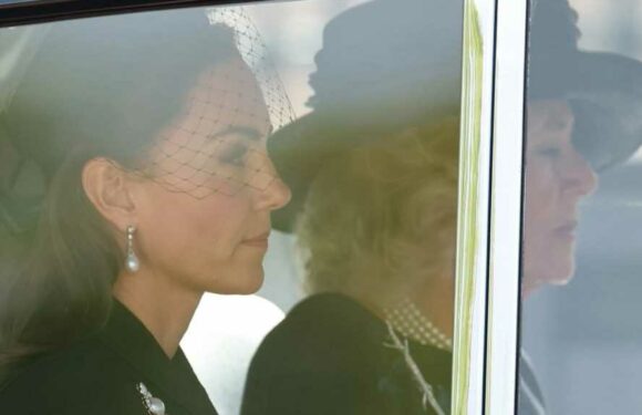 Sombre Kate wears veil as she travels with Camilla in car behind Queen's coffin procession & Meghan follows with Sophie | The Sun