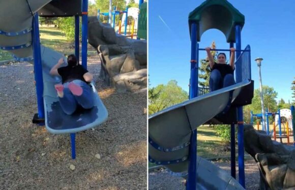 Woman creates an optical illusion when coming down a kids' slide and it’s left people bemused | The Sun