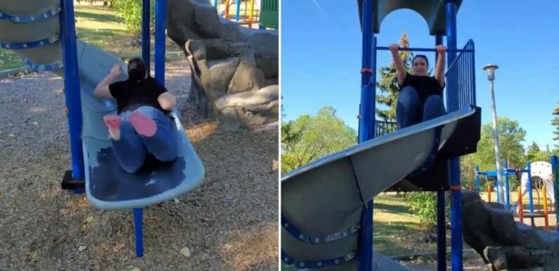 Woman creates an optical illusion when coming down a kids' slide and it’s left people bemused | The Sun
