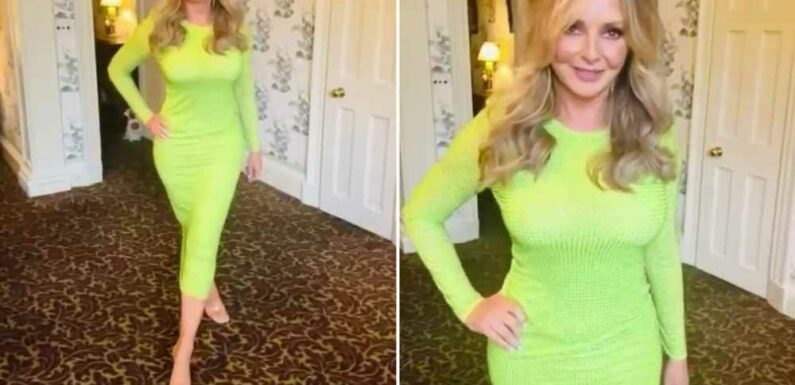 Carol Vorderman stuns in a skintight neon dress as she glams up after workout | The Sun