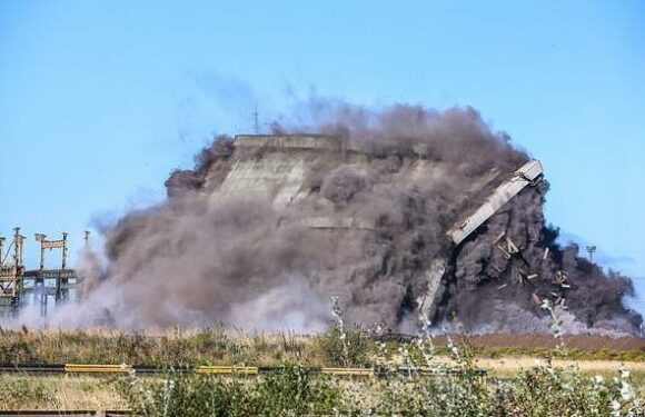 Huge 215ft tall steelworks is blown up using 1.6 tonnes of explosives