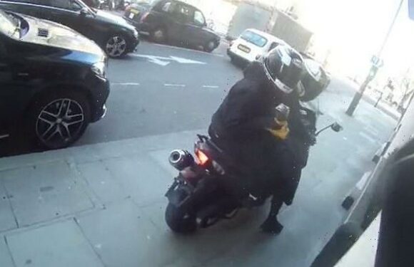 Moment motorcyclist stands up to moped thugs armed with ANGLE GRINDER
