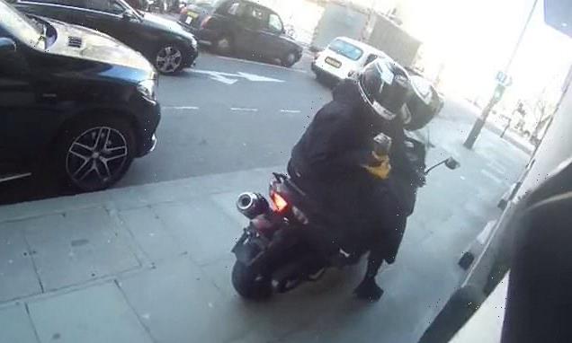 Moment motorcyclist stands up to moped thugs armed with ANGLE GRINDER