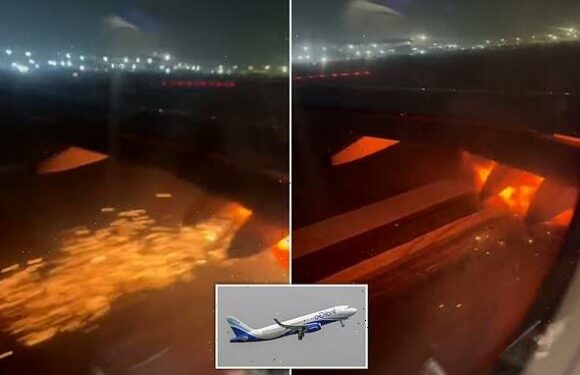 Moment plane's engine bursts into FLAMES during take-off in India