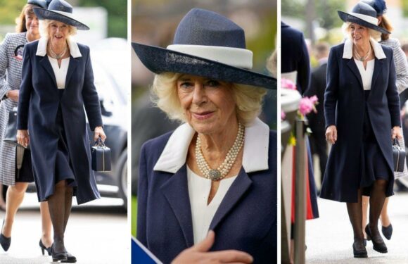 Queen Camilla is chic in navy and signature pearls today