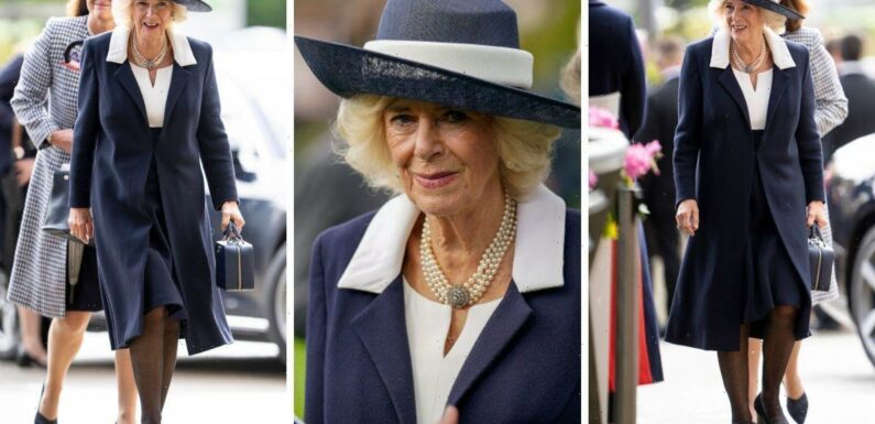Queen Camilla is chic in navy and signature pearls today
