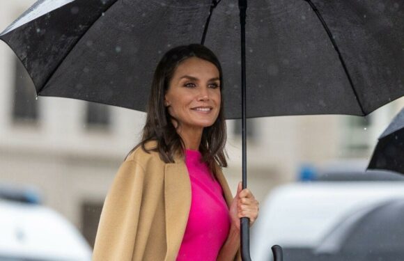 Queen Letizia contrasts Barbie dress with green emerald earrings