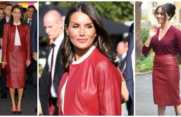 Queen Letizia wears Meghan Markle’s £369 Hugo Boss red leather skirt