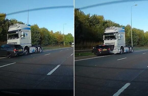 Rear-view camera captures moment lorry and BMW collide on the M62