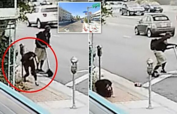 Shocking moment scooter-riding brute beats woman on street corner