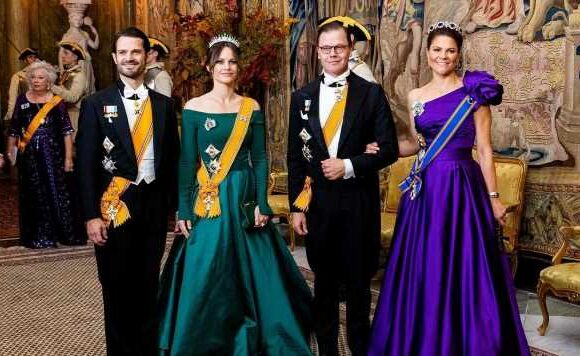 Sweden’s royals dazzle in three tiaras at state banquet in Stockholm