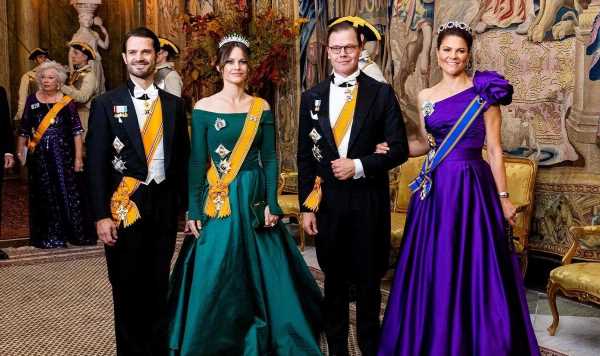 Sweden’s royals dazzle in three tiaras at state banquet in Stockholm