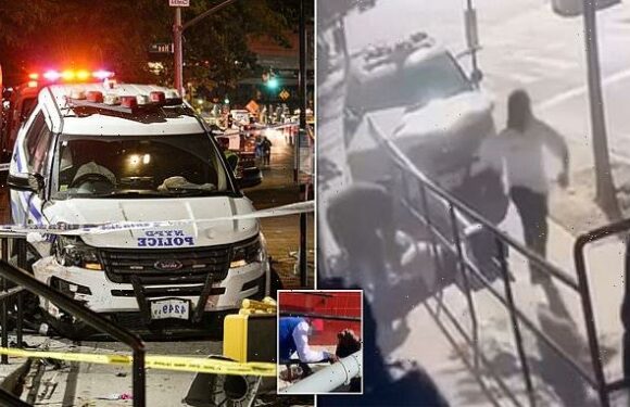 Terrifying moment NYPD cruiser crashes onto  sidewalk in the Bronx