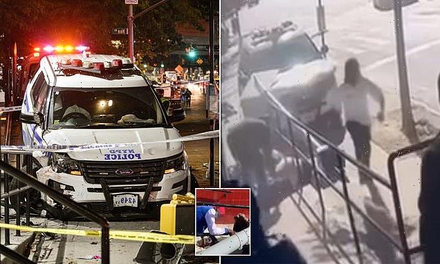 Terrifying moment NYPD cruiser crashes onto  sidewalk in the Bronx