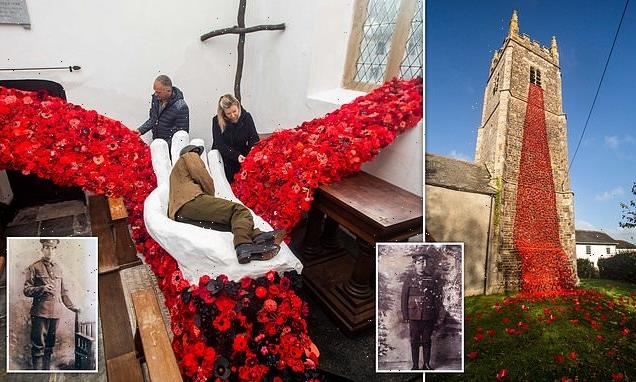 Villagers create towering poppy memorial to three WWI soldiers