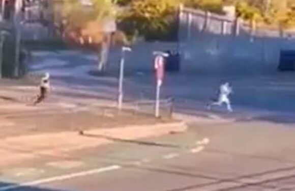 Watch as cop sprints after suspect in manic chase before wrestling him to the ground | The Sun