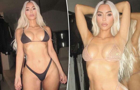 Kim Kardashian sizzles in bedazzled bra and thong from Skims Holiday Shop