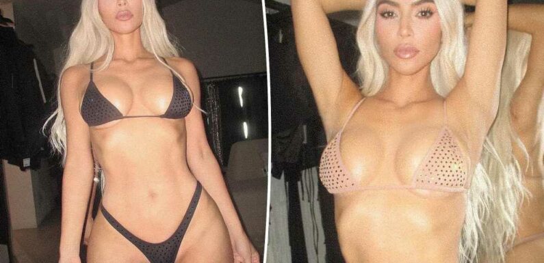 Kim Kardashian sizzles in bedazzled bra and thong from Skims Holiday Shop