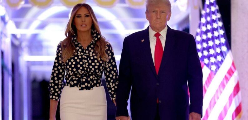 Melania Trump wears polka shirt & white skirt to support Donald Trump