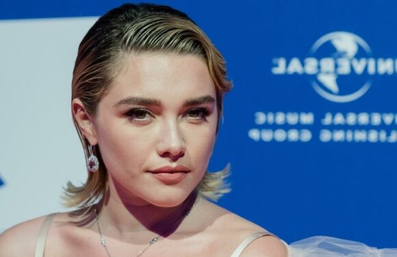 Florence Pugh Brings the Drama in a Thigh-High-Slit Dress and Sheer Cape