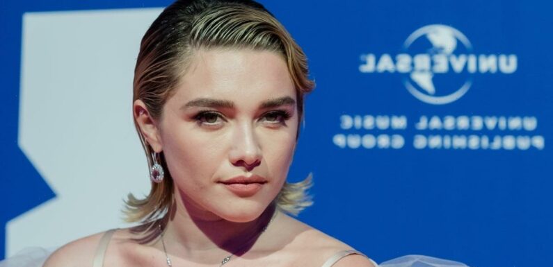 Florence Pugh Brings the Drama in a Thigh-High-Slit Dress and Sheer Cape