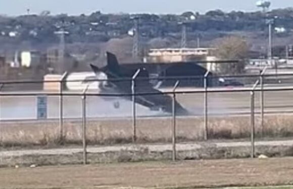 Incredible moment pilot EJECTS from £80million US stealth fighter jet as it crashes nose down onto tarmac | The Sun