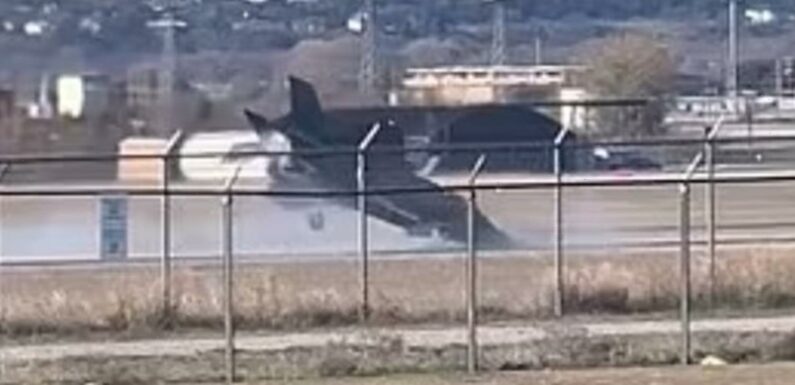 Incredible moment pilot EJECTS from £80million US stealth fighter jet as it crashes nose down onto tarmac | The Sun