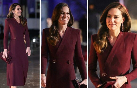 Kate, Princess of Wales stuns in burgundy coat dress and rubies
