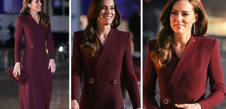 Kate, Princess of Wales stuns in burgundy coat dress and rubies