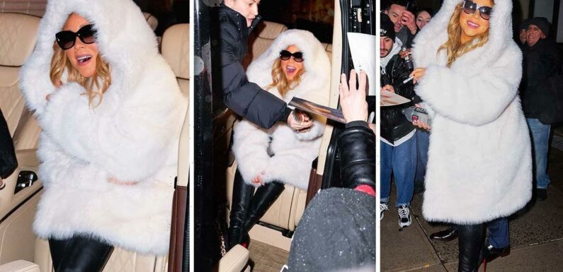 Mariah Carey goes for Queen of Christmas look in large white fur coat