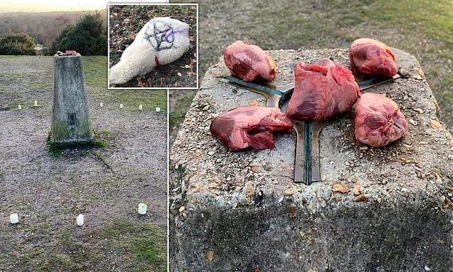 Animal hearts surrounded by candles are found at stone landmark