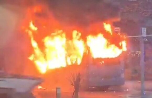 Horrifying moment bus bursts into a fireball after terrified passengers fled for their lives on village high street | The Sun