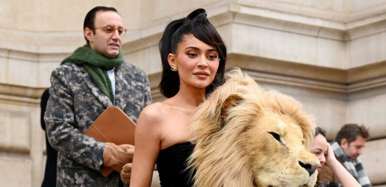 Kylie Jenner baffles onlookers as she dons life size lion head on slinky dress