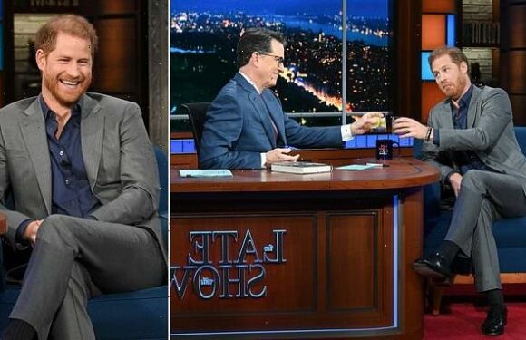 Prince Harry toasts new US home with tequila on The Late Show