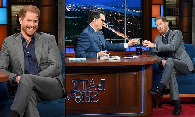 Prince Harry toasts new US home with tequila on The Late Show