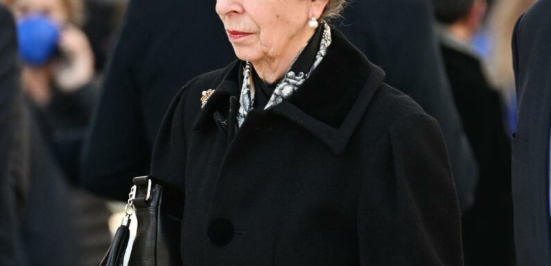 Princess Anne looks sombre as she joins foreign royals at funeral of last king of Greece