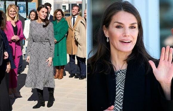 Queen Letizia of Spain wear sophisticated patterned dress in Alicante